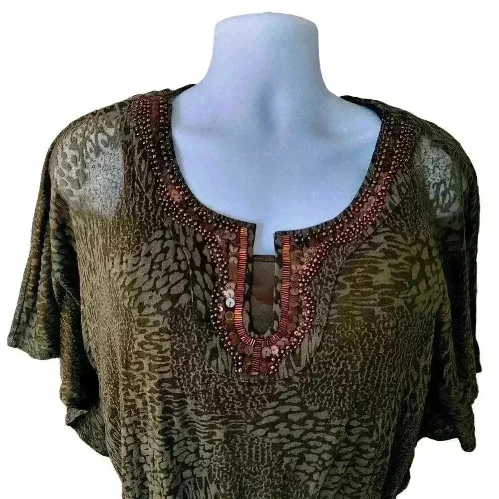 Alfani Sheer Blouse Top Olive Green Animal Print Beaded Neckline 2 Piece Size L - Picture 2 of 9